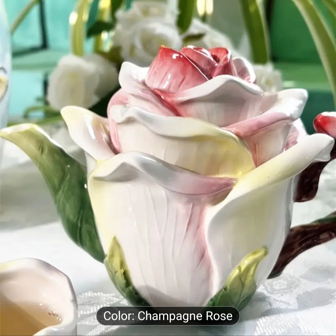 Rose Design Ceramic Tea Set – Teapot, 2 Cups & Leaf Saucers