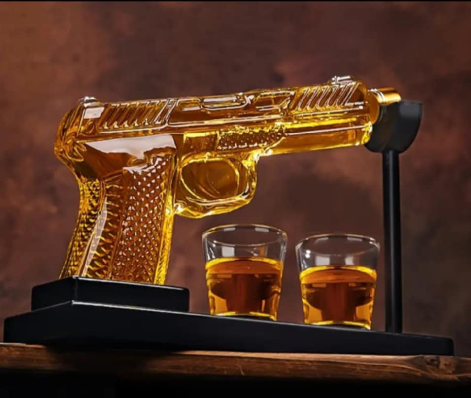Gun-Shaped Glass Decanter Set with Stand & Shot Glasses