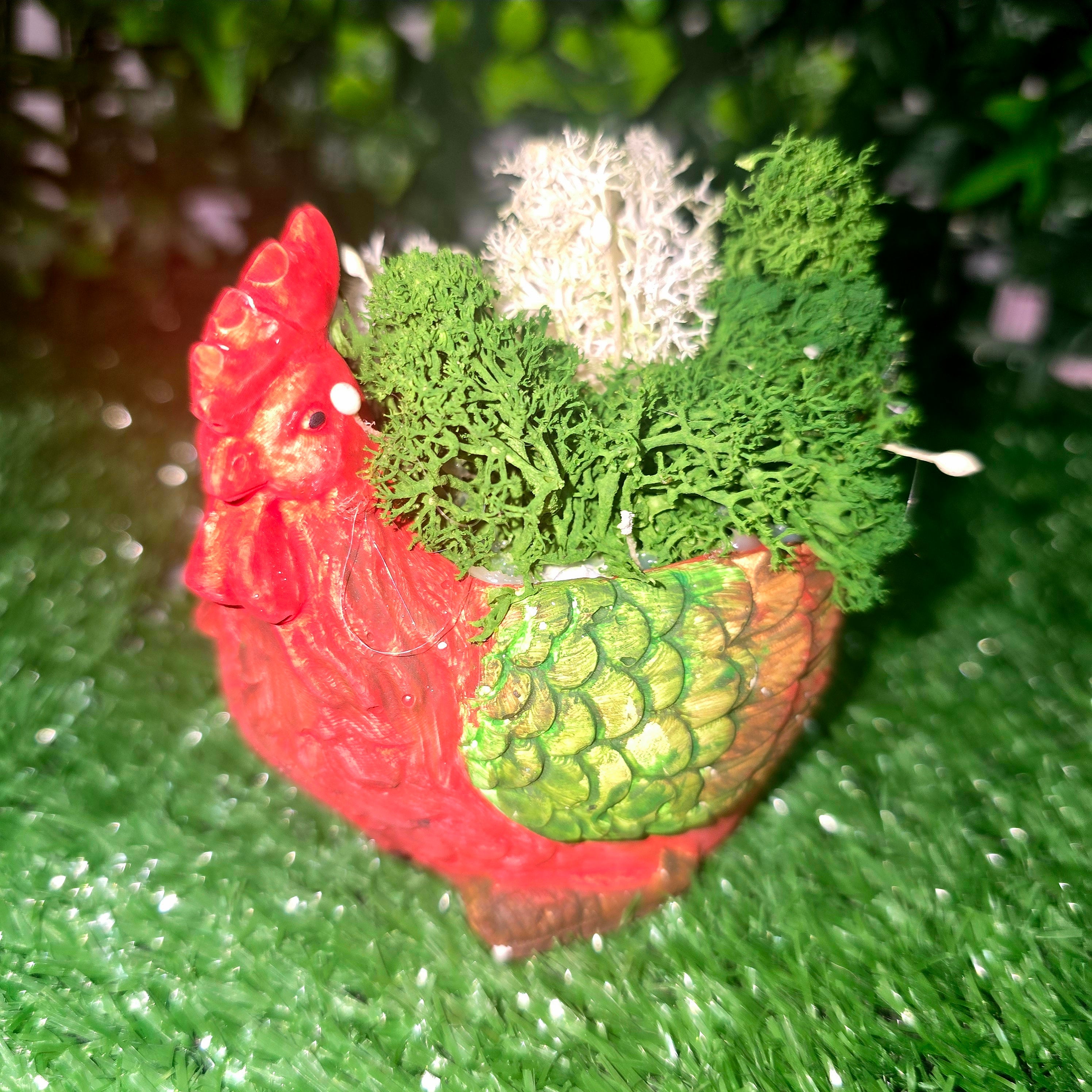 Handmade Concrete Rooster Planter with Natural Scandinavian Moss