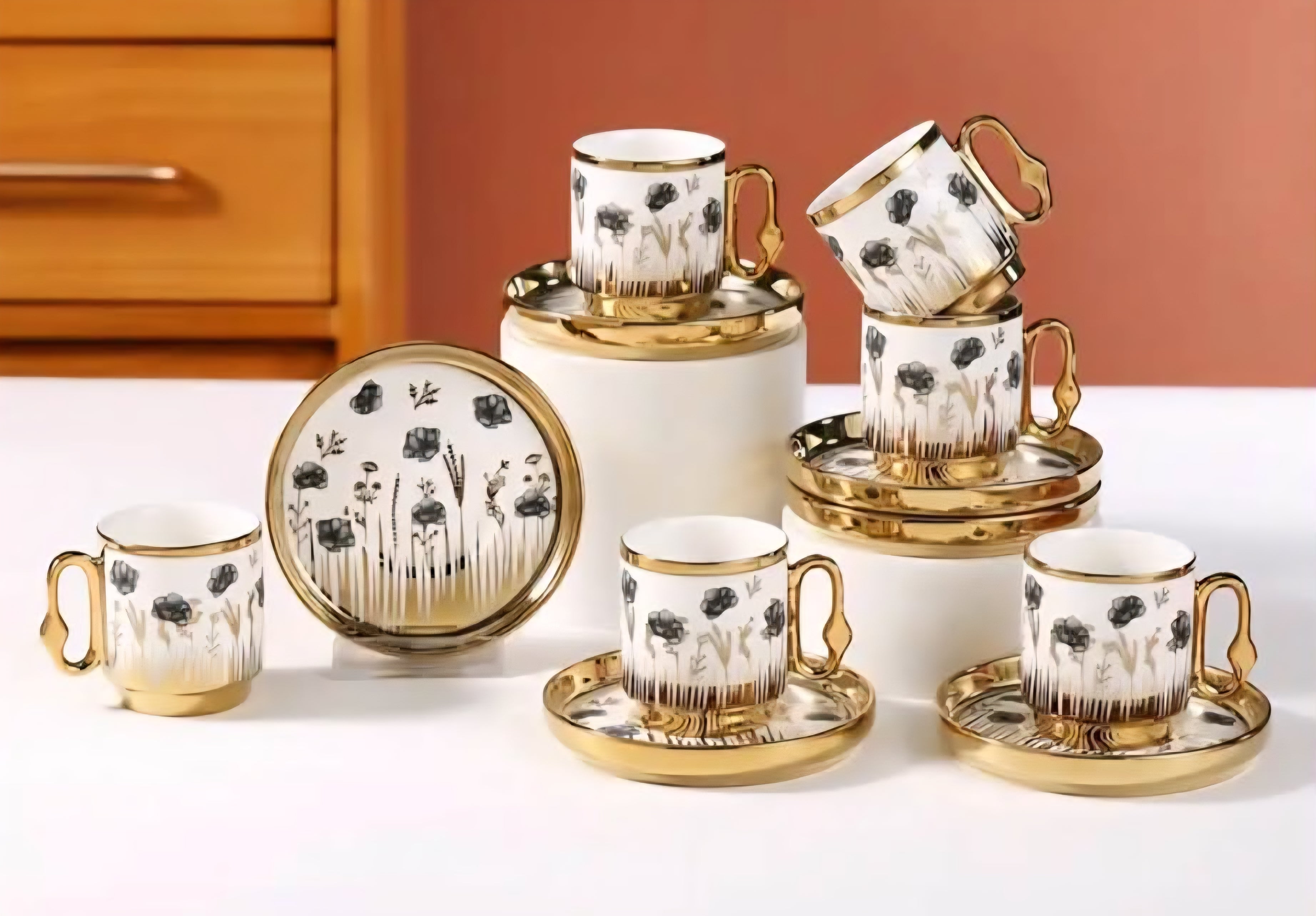 6 Cups & 6 Saucers 100ml/3.5oz Golden and White Porcelain Coffee Set