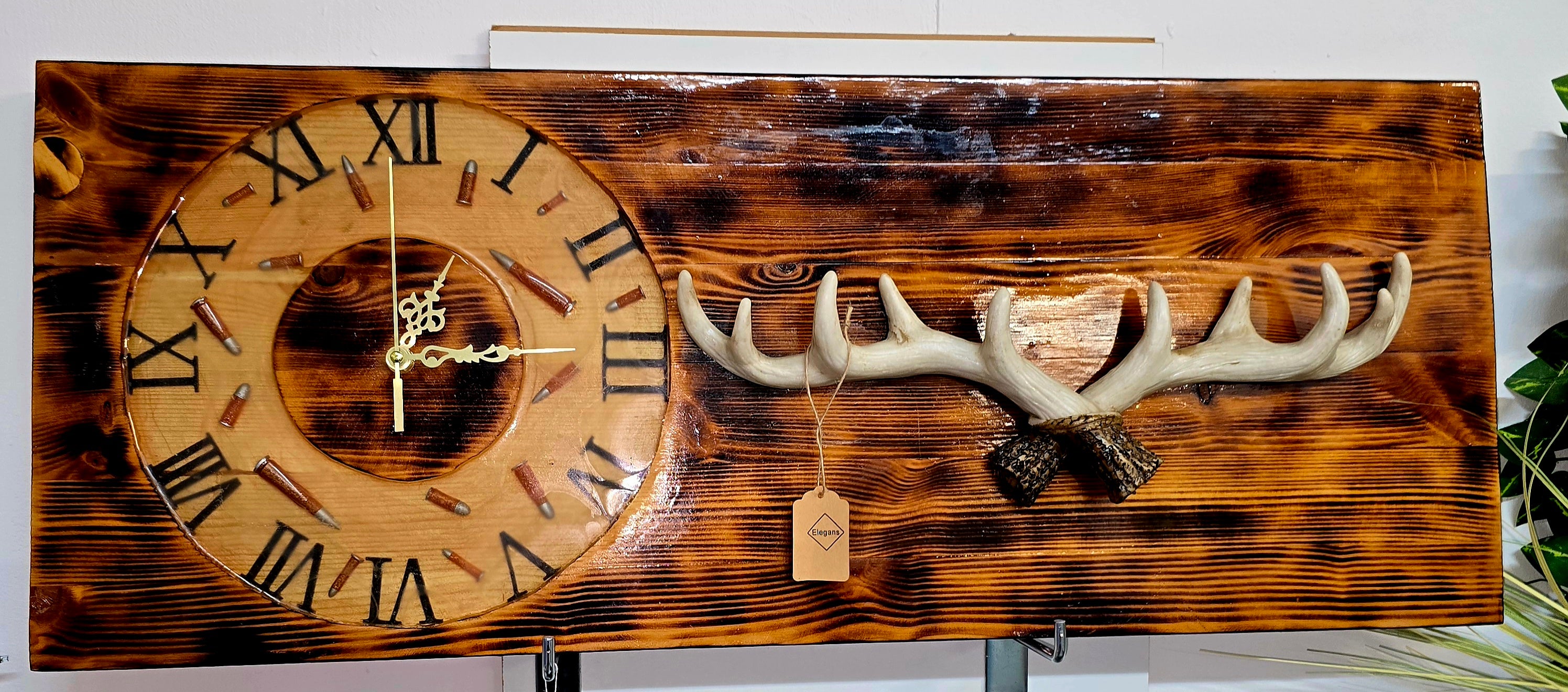 Handmade Rustic Wooden Wall Clock with Epoxy Resin & Antler Detail – 77×30 cm