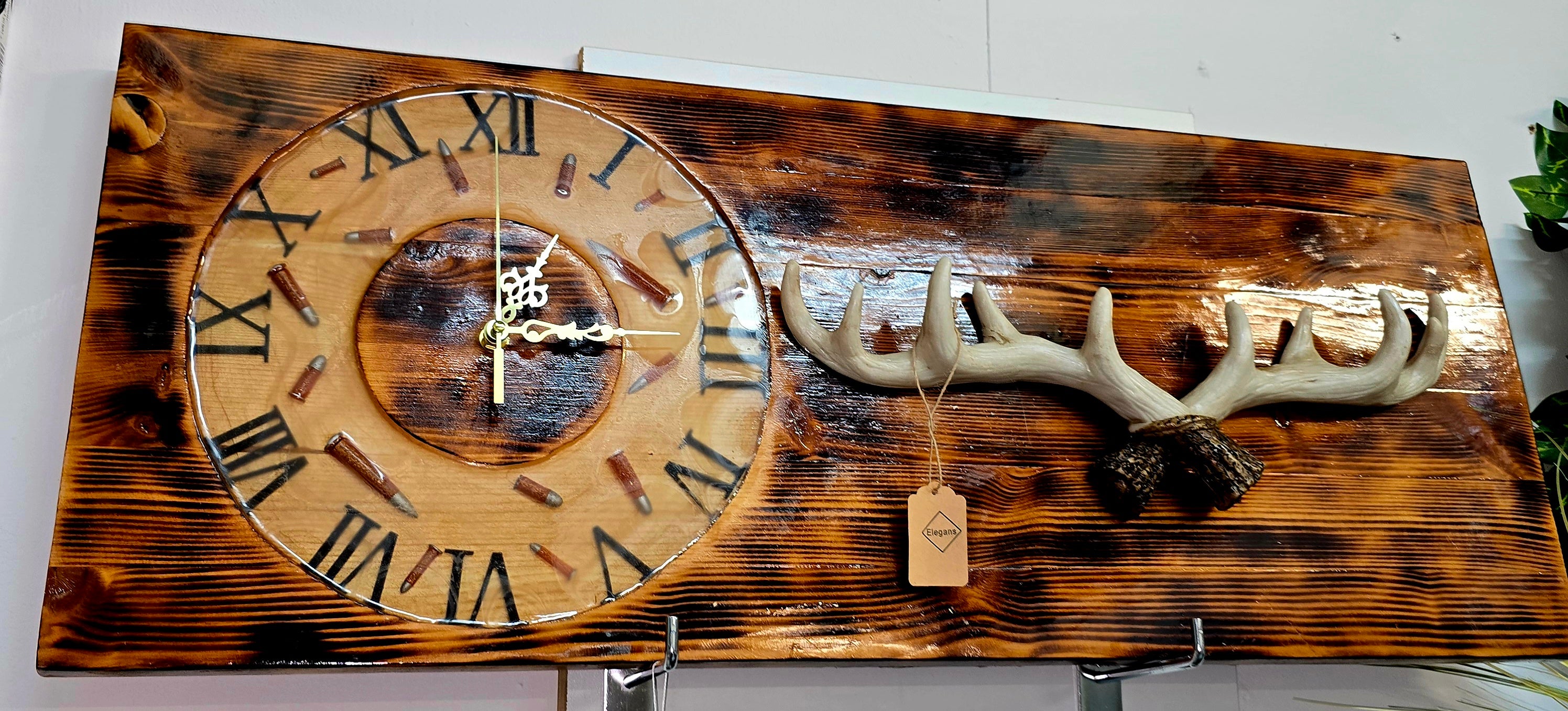 Handmade Rustic Wooden Wall Clock with Epoxy Resin & Antler Detail – 77×30 cm