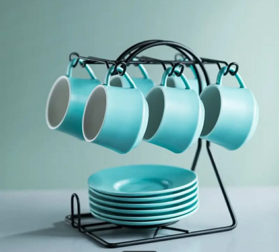 Turquoise Porcelain Espresso Cup Set with Saucers & Metal Stand – Set of 6 (4oz)
