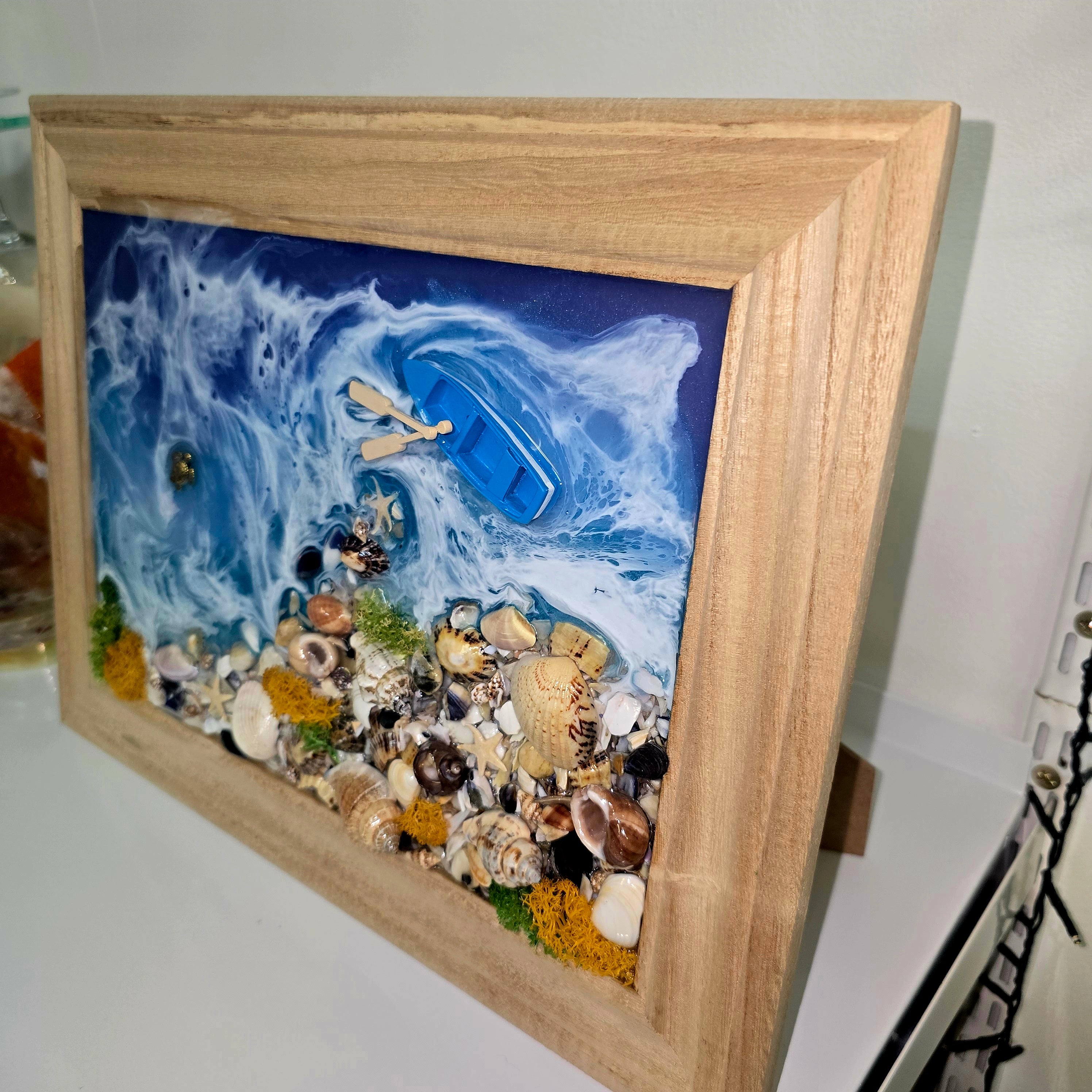 Handmade Epoxy Resin Ocean Wall Art with Natural Seashells – Framed Coastal Decor