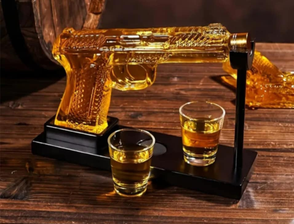 Gun-Shaped Glass Decanter Set with Stand & Shot Glasses