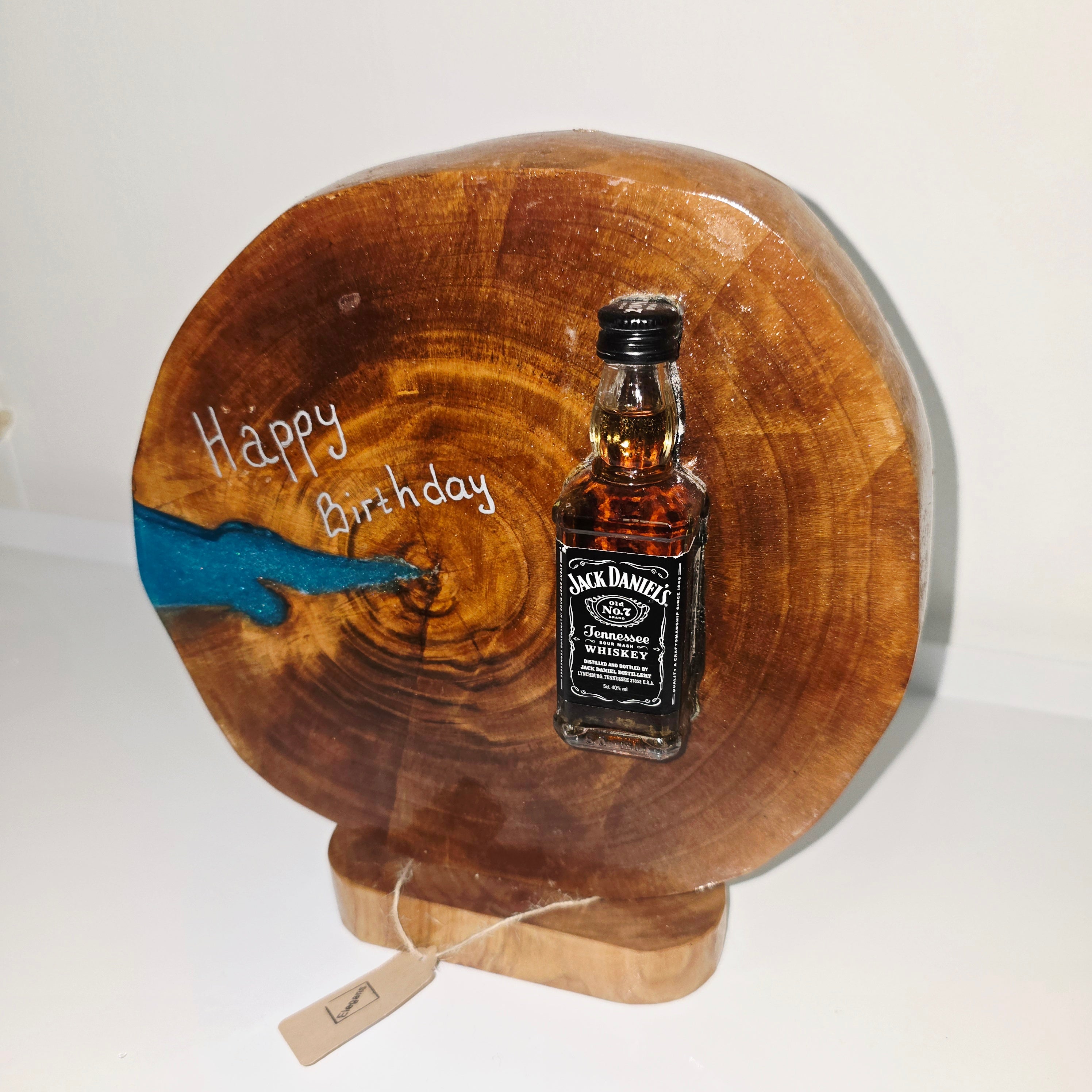 Handmade Wood & Epoxy Birthday Decor with Sealed Alcohol Bottle – Unique Display Gift (24 cm)