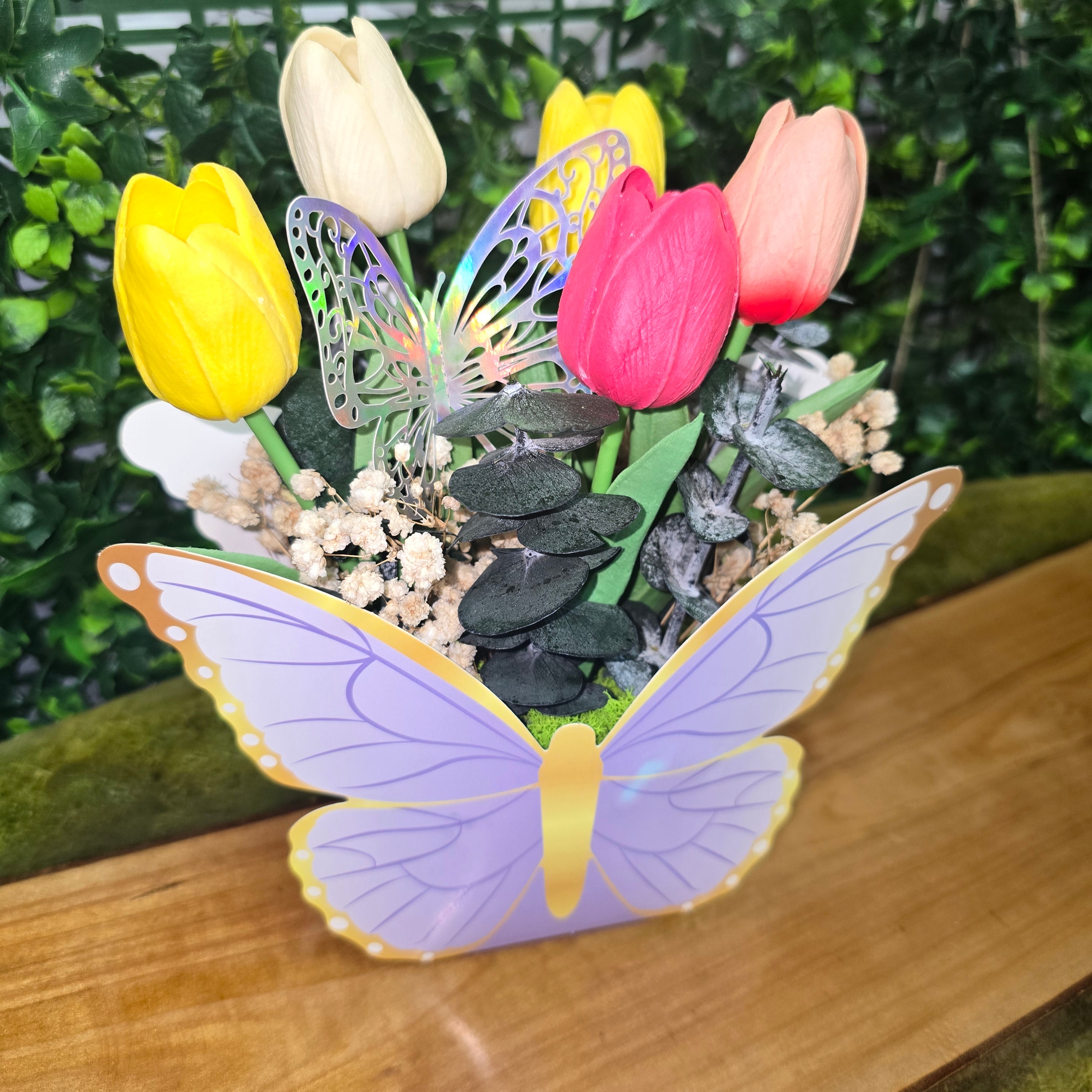 Butterfly Flower Box with Artificial Roses and Decorative Flowers