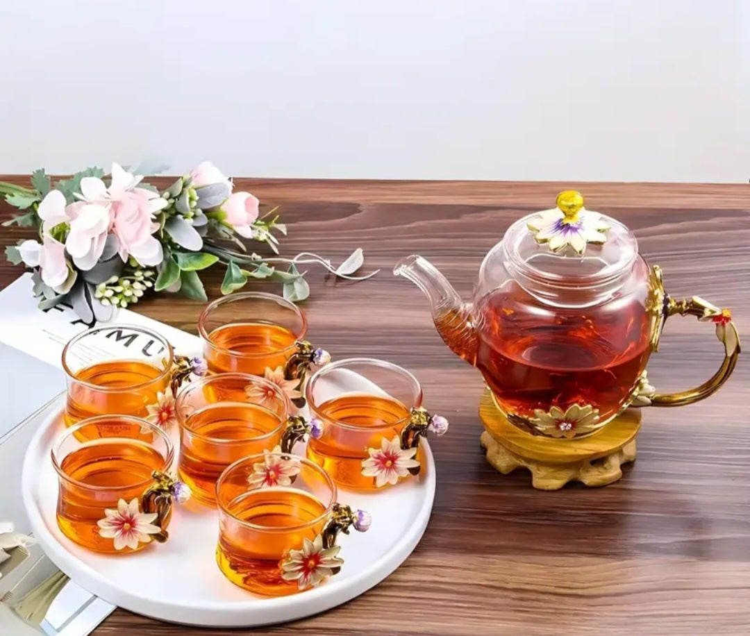 Luxury Glass Tea & Coffee Set with Floral Design- pink