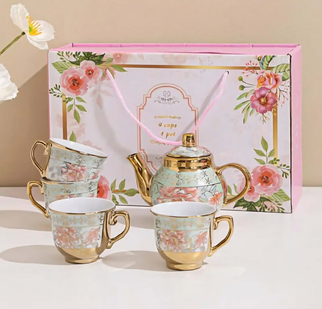 Ceramic Teapot & 4 Cups Set – Green Floral with Gold Trim