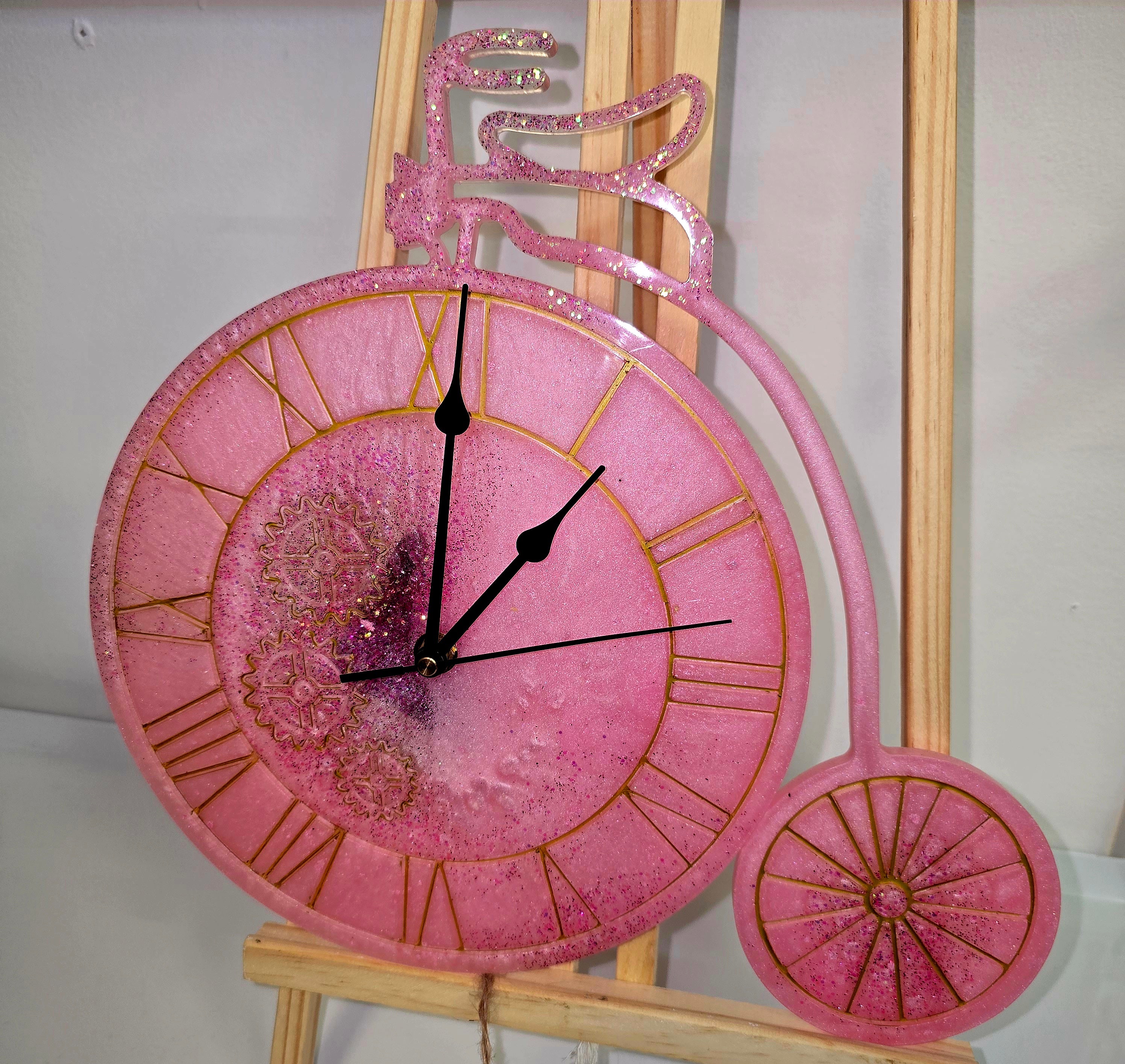 Handmade Epoxy Resin Bicycle Wall Clock – 31 cm (Pink & Blue)