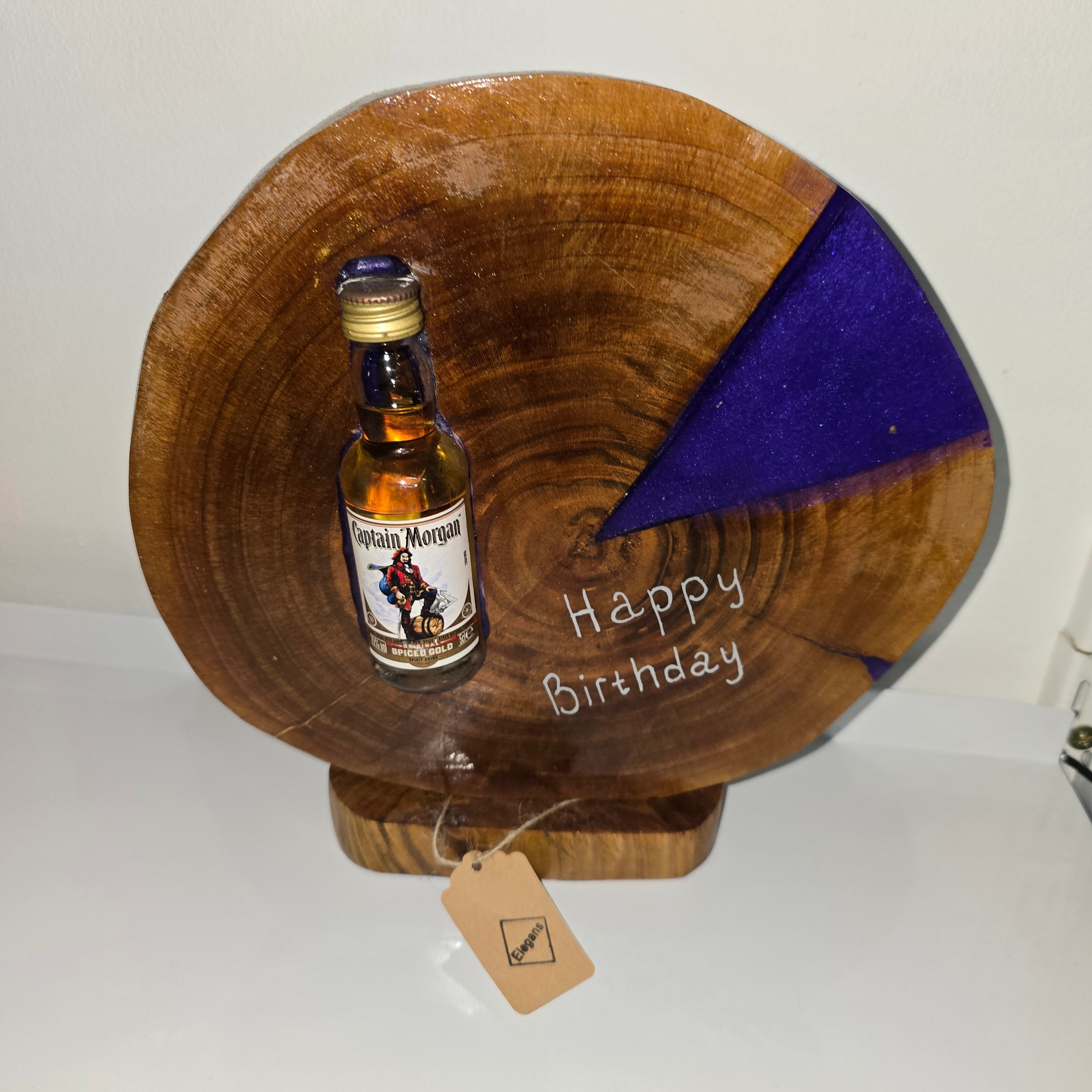 Handmade Wood & Epoxy Birthday Decor with Sealed Alcohol Bottle – Unique Display Gift (24 cm)