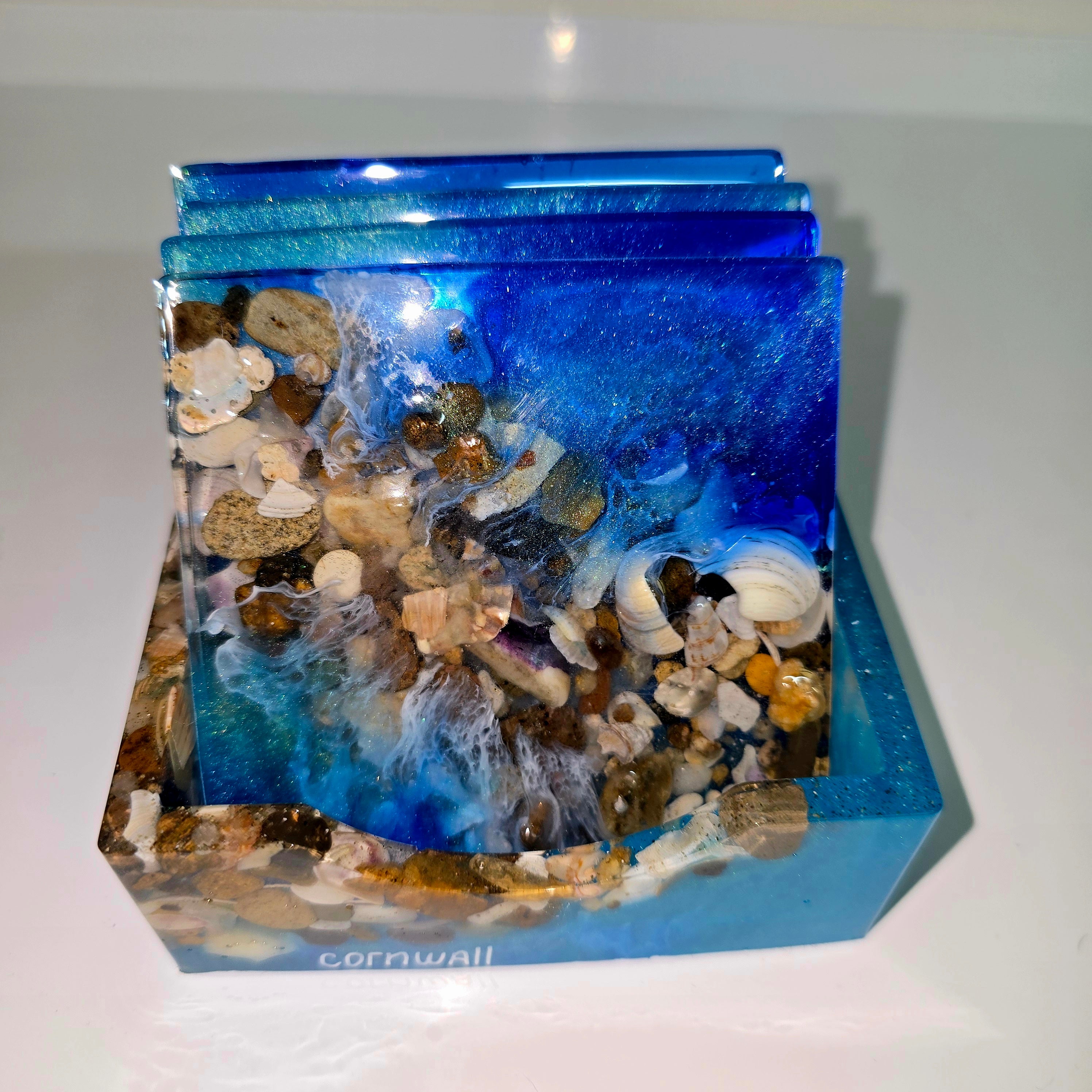 Handmade Resin Coaster Set with Holder – Ocean & Pebble Design (Set of 4)
