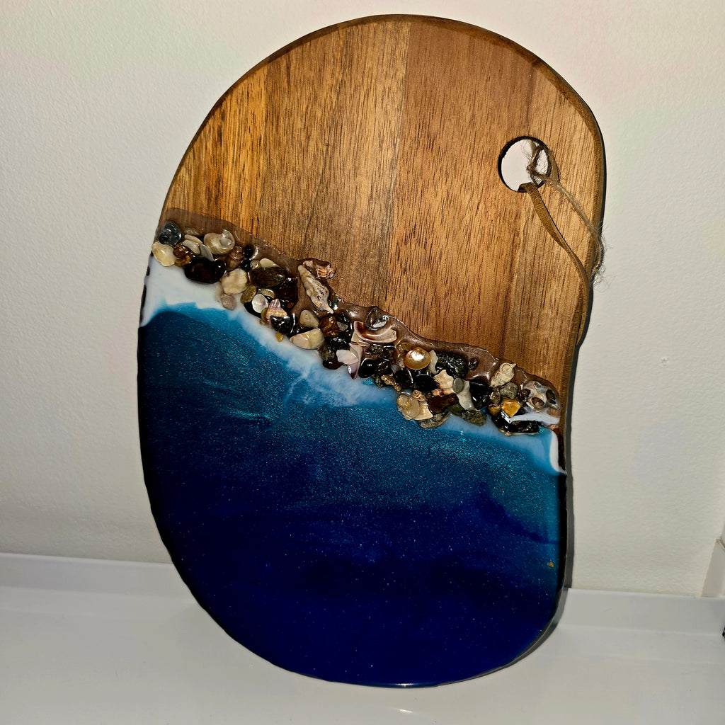 🌊 Handmade Wooden Serving Board with Resin Art – Ocean Style Design (30 × 20 cm)