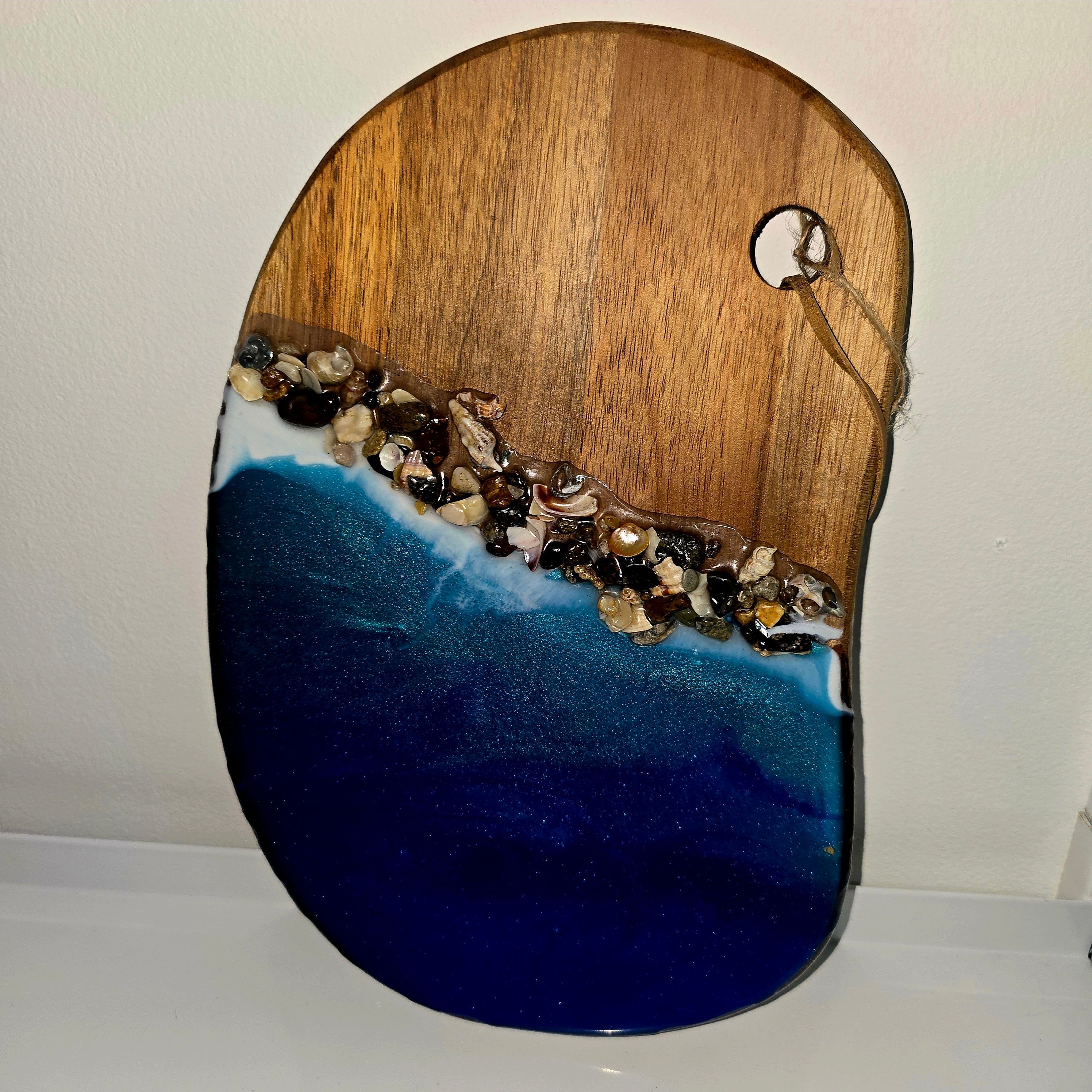 🌊 Handmade Wooden Serving Board with Resin Art – Ocean Style Design (30 × 20 cm)