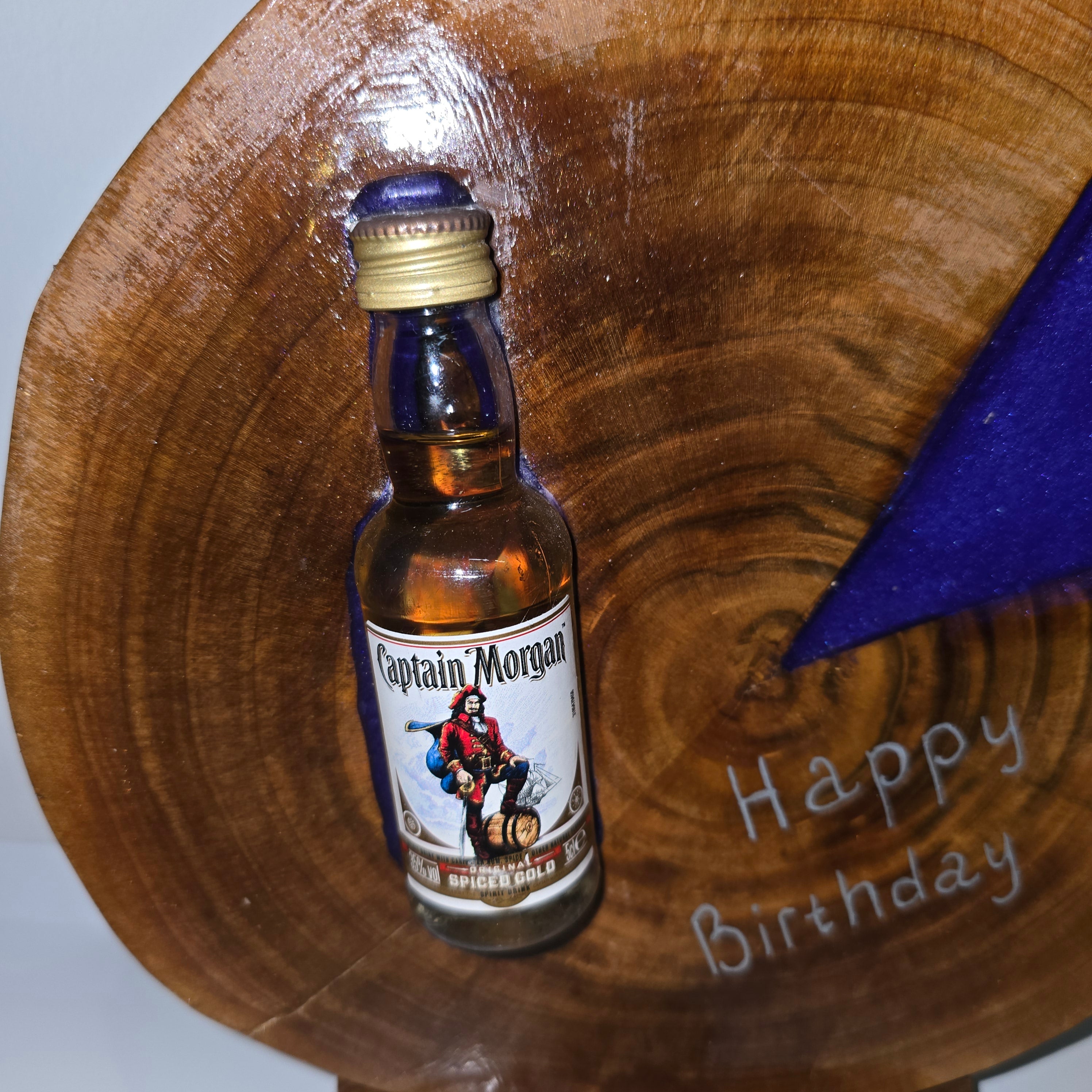 Handmade Wood & Epoxy Birthday Decor with Sealed Alcohol Bottle – Unique Display Gift (24 cm)