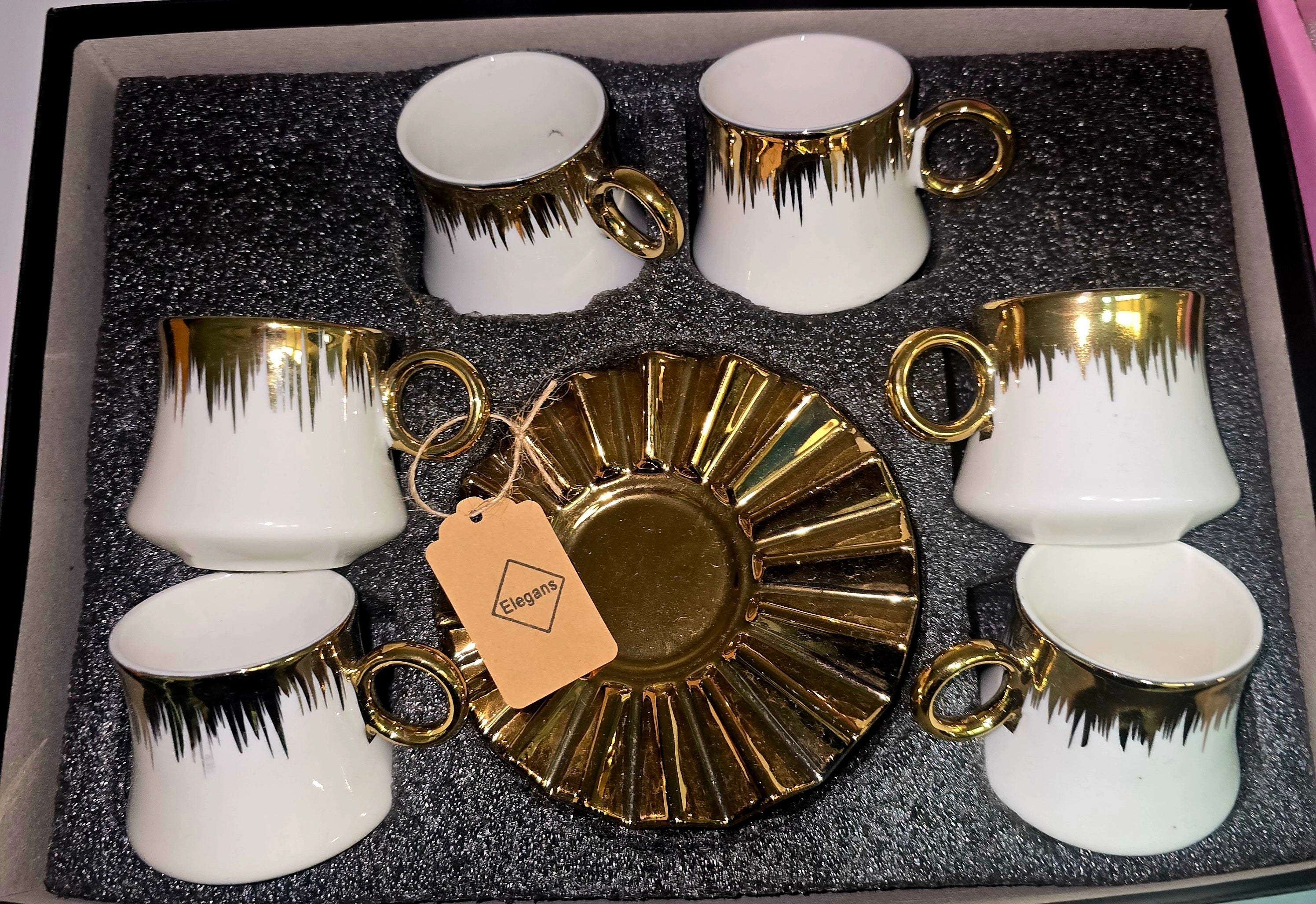 Luxury Ceramic Espresso Cup Set – White & Gold Design, 6 Cups with Saucers