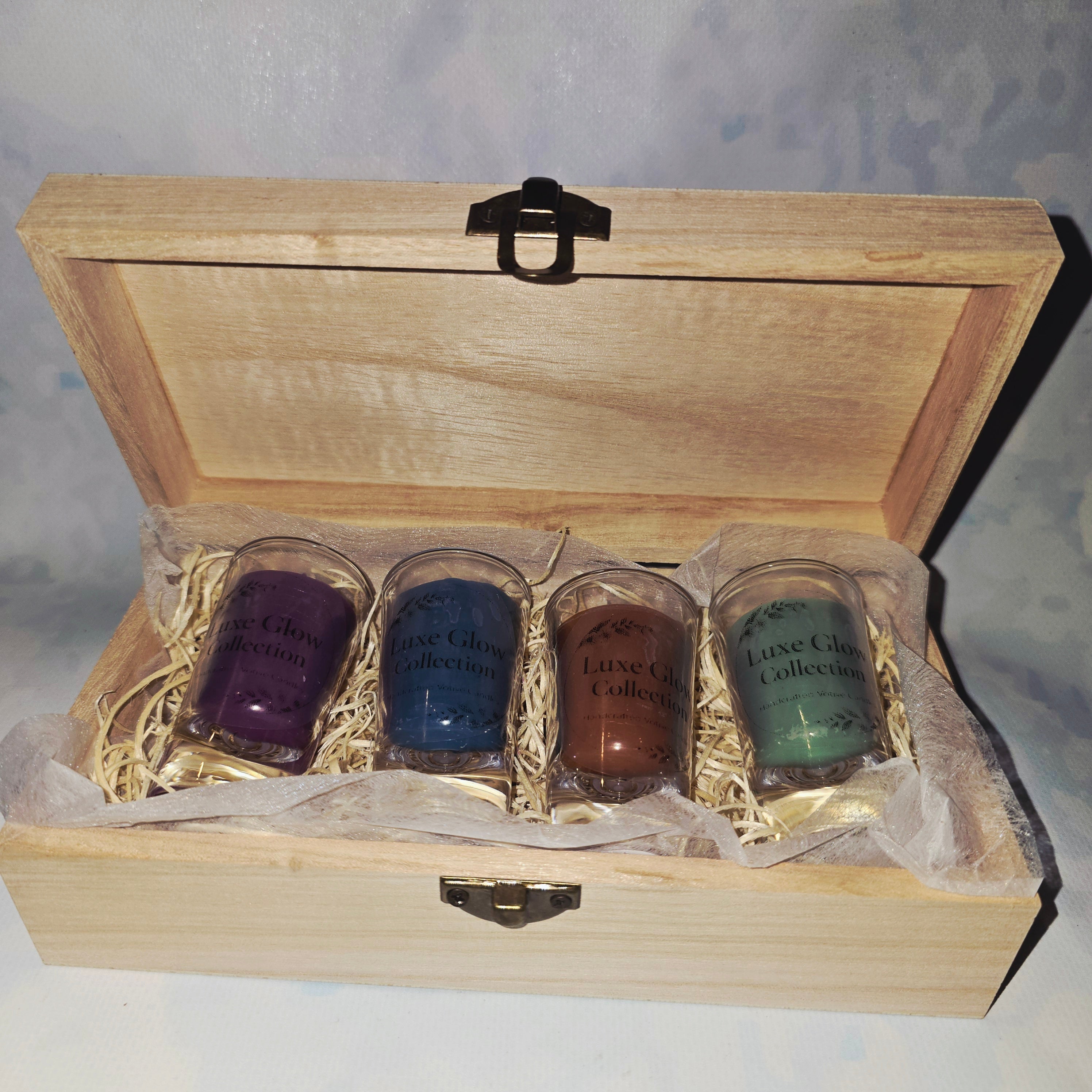 Luxury Handmade Candle Gift Set – Luxe Glow Collection (4 pcs in Wooden Box)