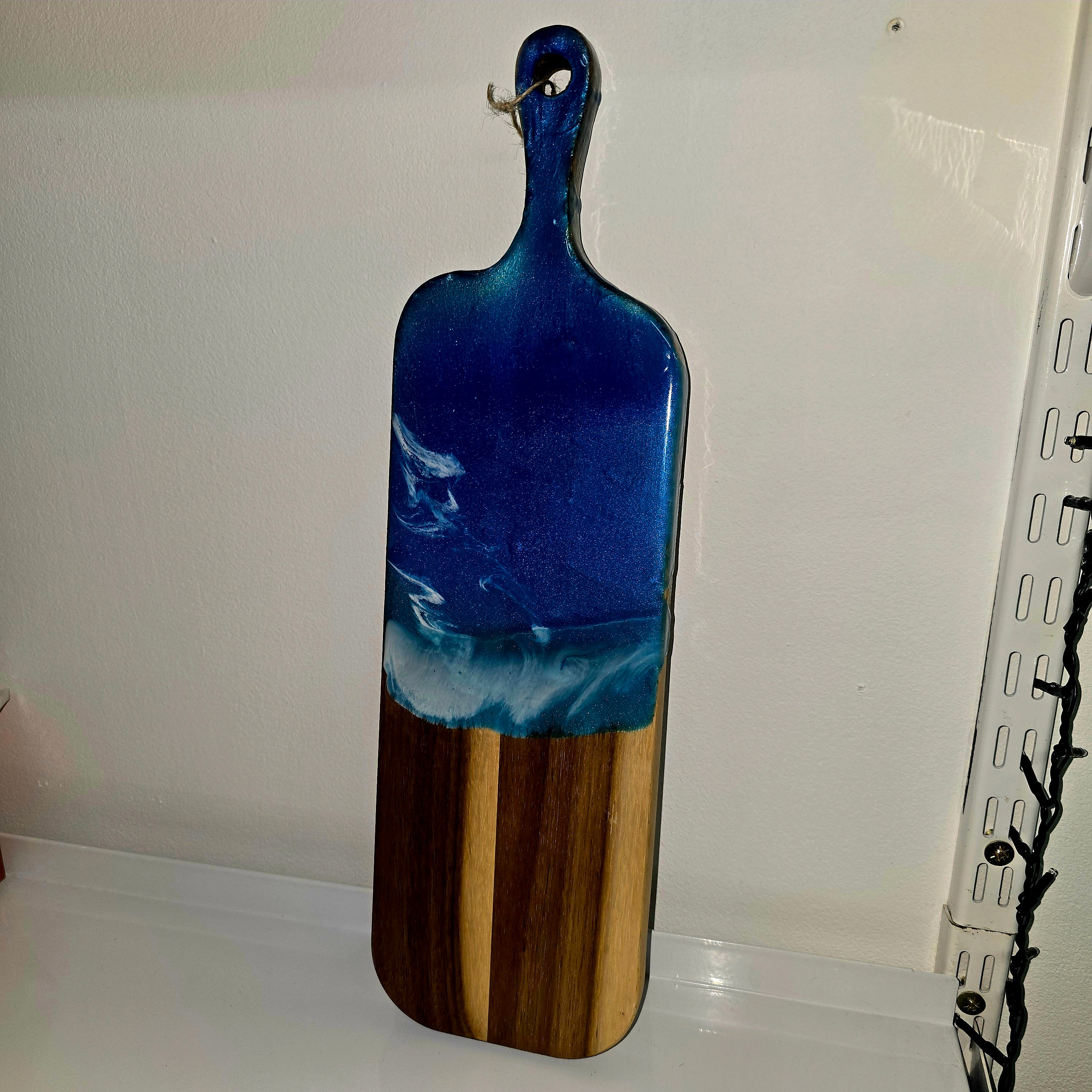 🌊 Handmade Wooden Serving Board with Resin Art – Ocean Style Design (41 × 12 cm)