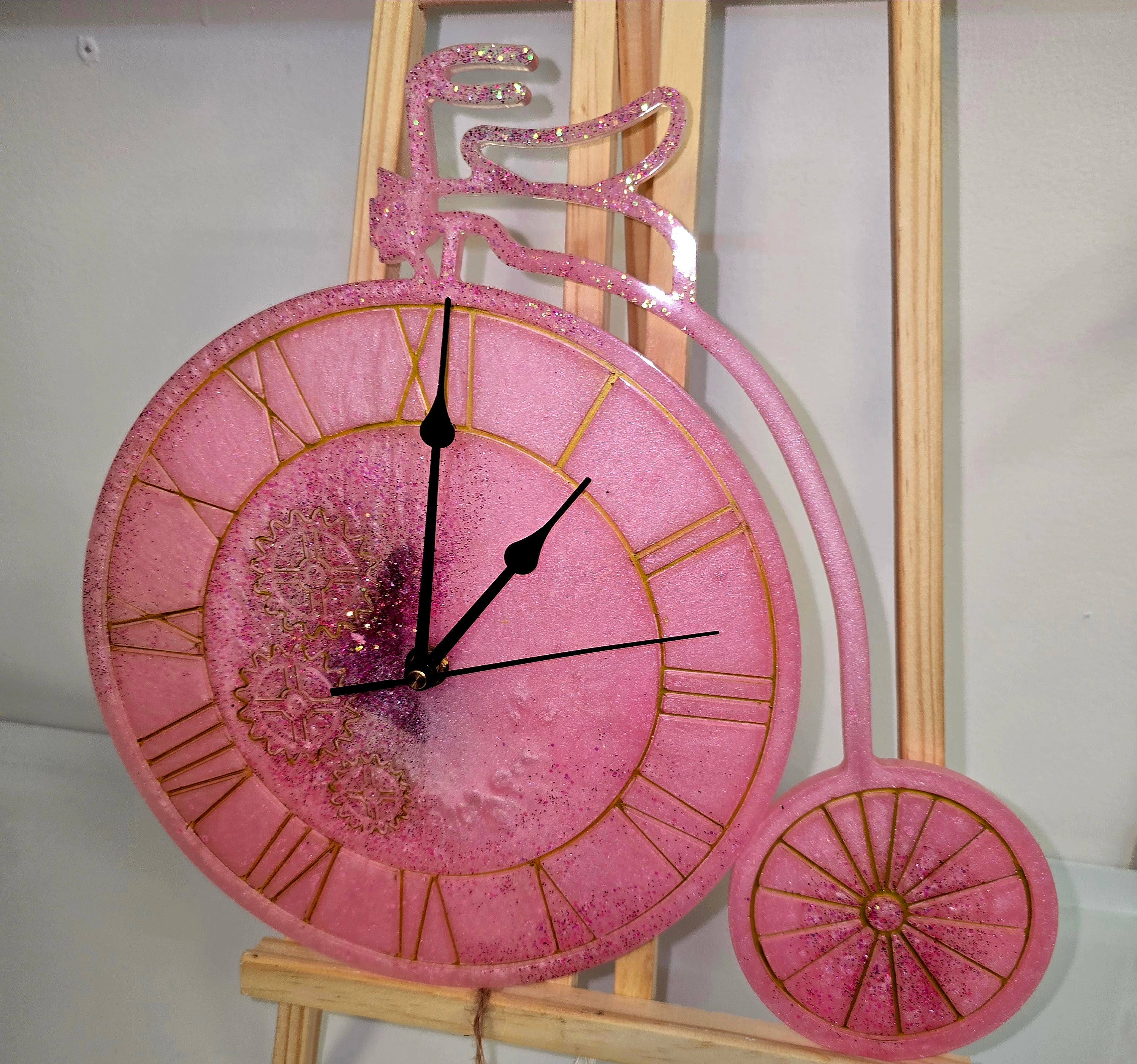Handmade Epoxy Resin Bicycle Wall Clock – 31 cm (Pink & Blue)