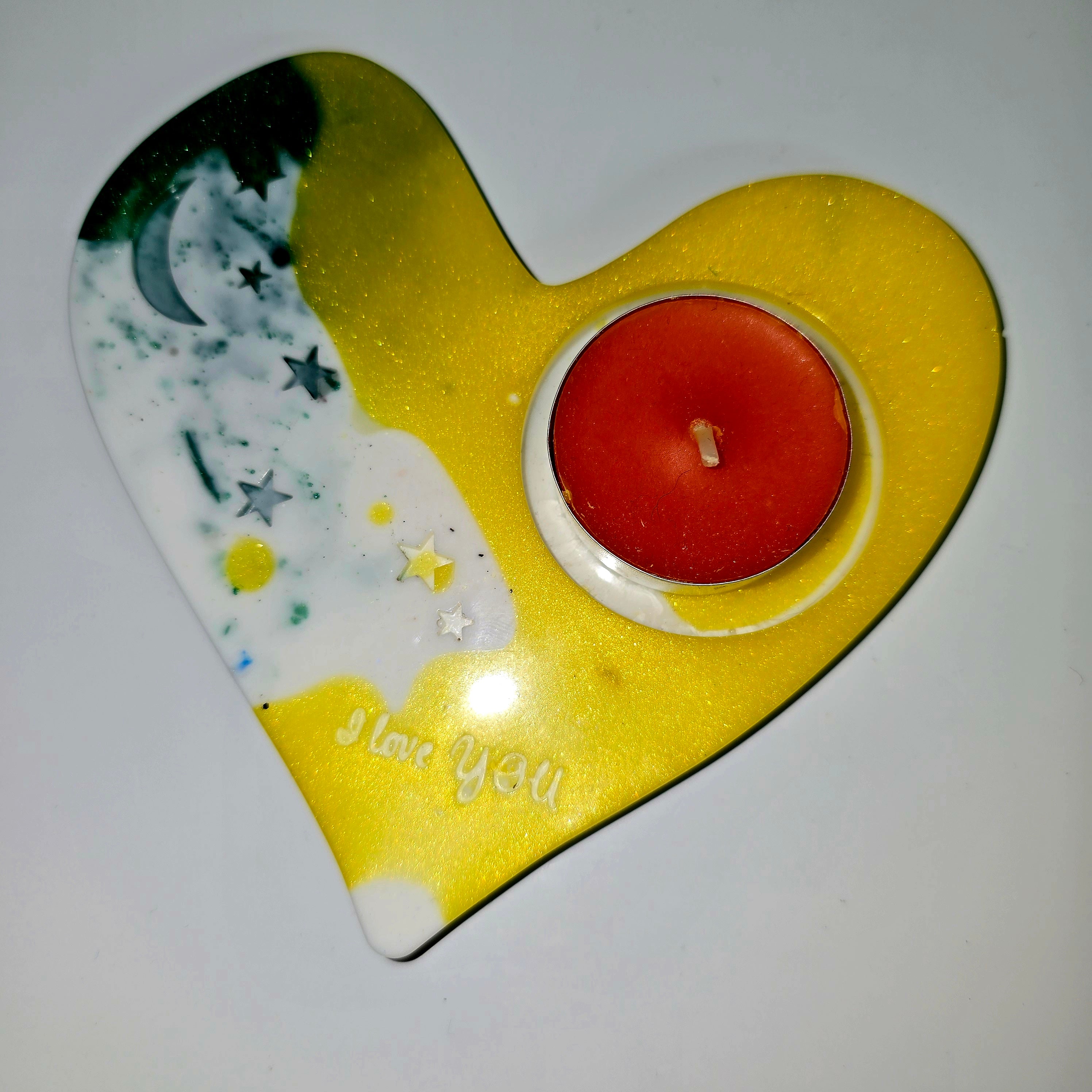 Handmade Heart-Shaped Resin Tealight Holder with “I Love You” Text – Decorative Candle Stand (13 cm)