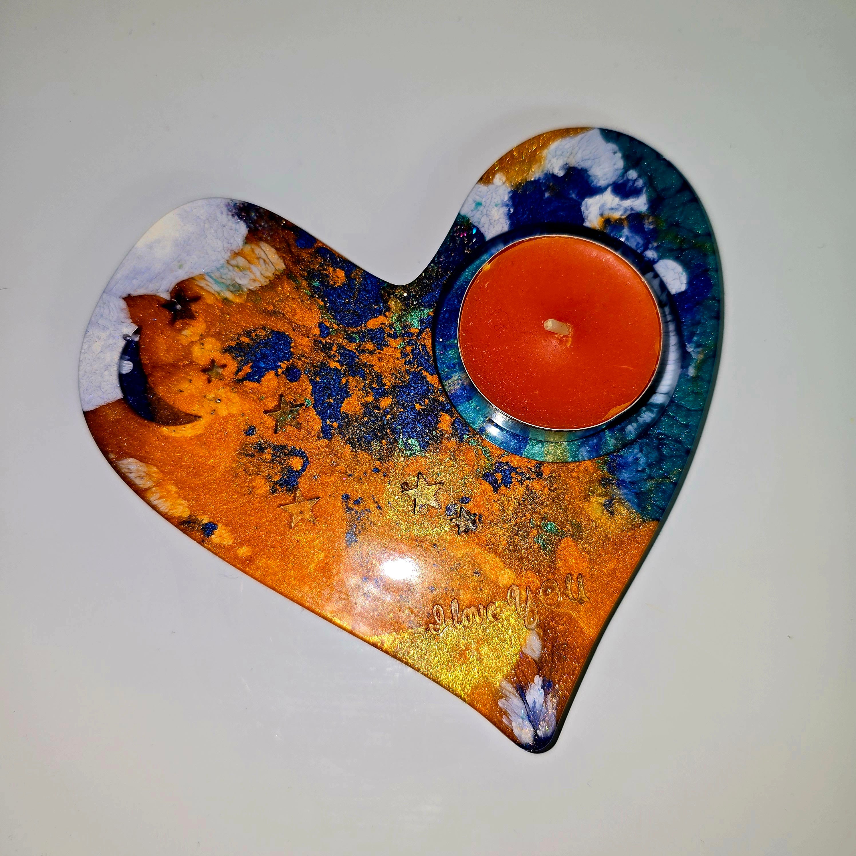 Handmade Heart-Shaped Resin Tealight Holder with “I Love You” Text – Decorative Candle Stand (13 cm)