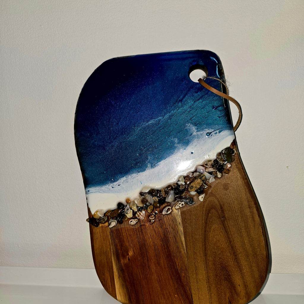 🌊 Handmade Wooden Serving Board with Resin Art – Ocean Style Design (30 × 20 cm)