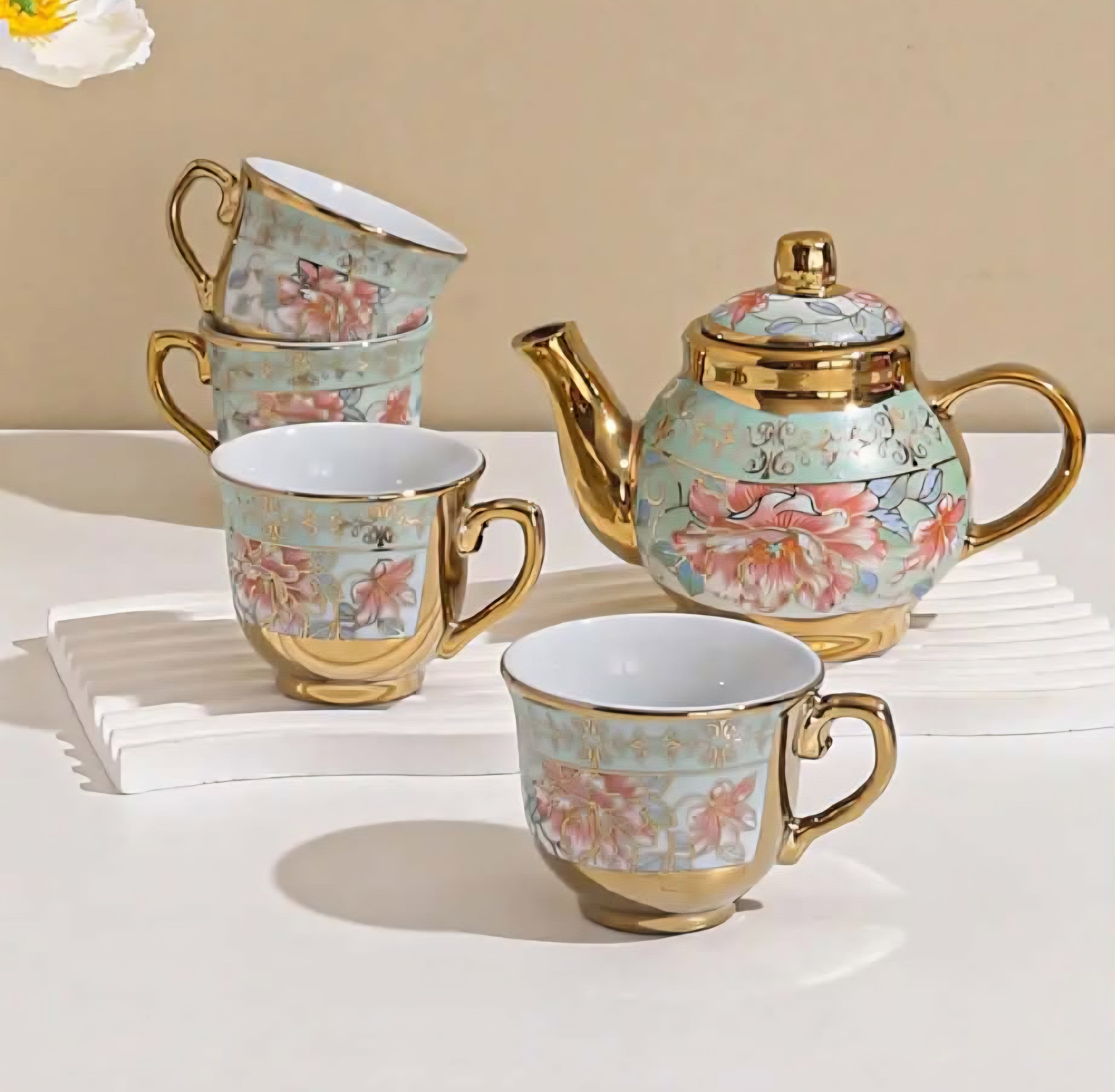 Ceramic Teapot & 4 Cups Set – Green Floral with Gold Trim