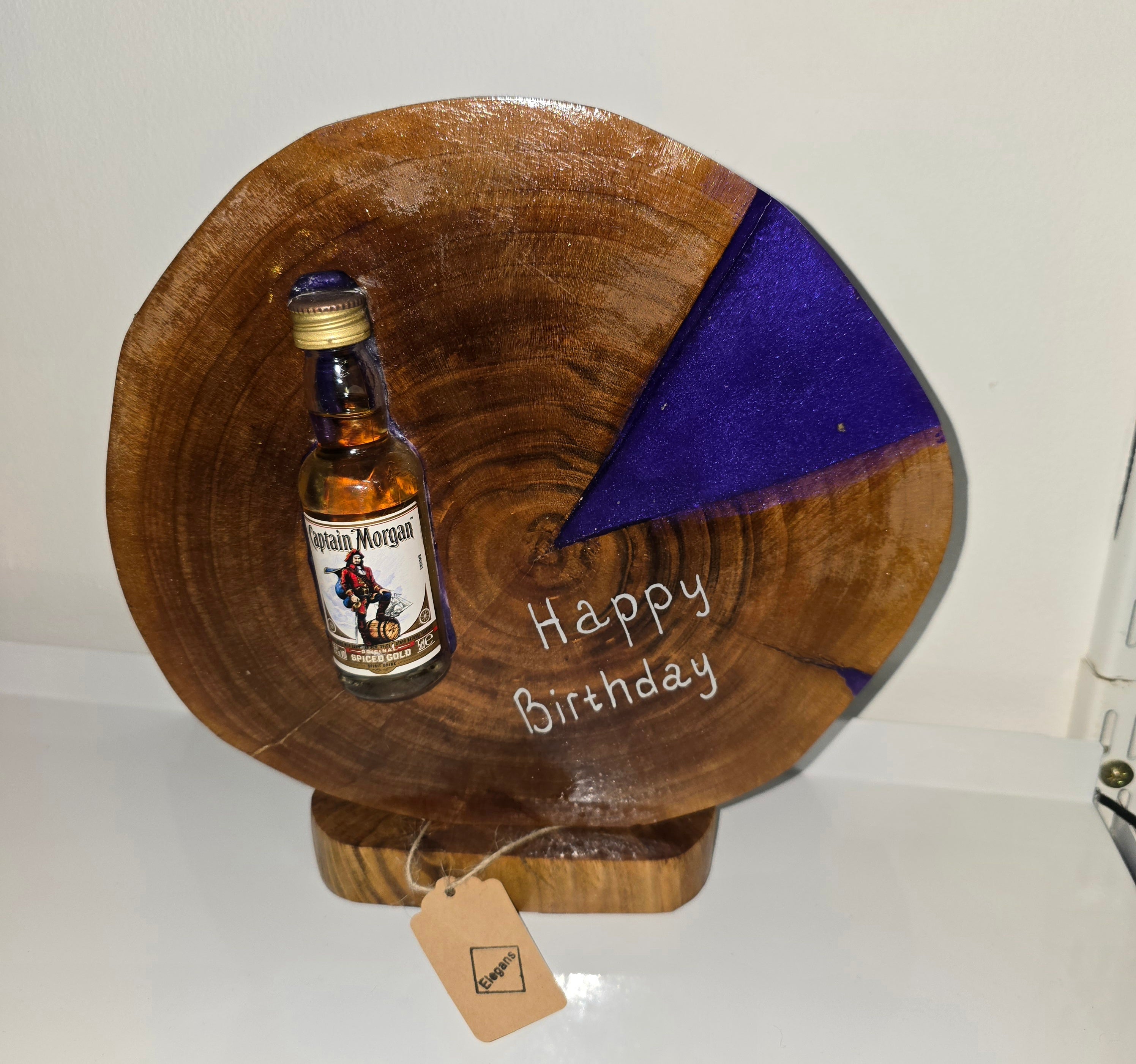 Handmade Wood & Epoxy Birthday Decor with Sealed Alcohol Bottle – Unique Display Gift (24 cm)