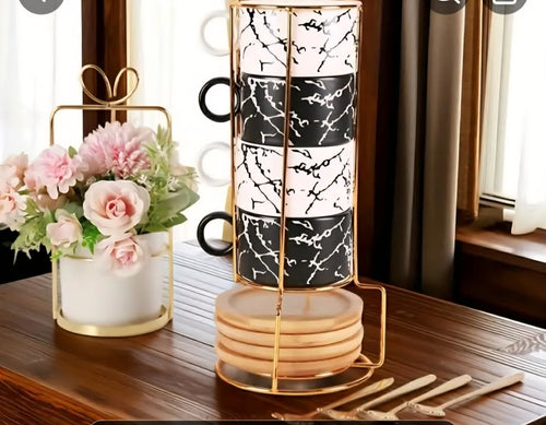 Ceramic Coffee Cup Set with Saucer, Spoon & Gold Stand – Black & White (Set of 4)