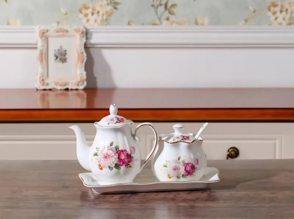 Ceramic Tea Pot & Sugar Bowl Set with Tray – Floral Vintage Design