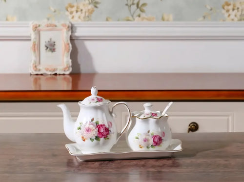 Ceramic Tea Pot & Sugar Bowl Set with Tray – Floral Vintage Design