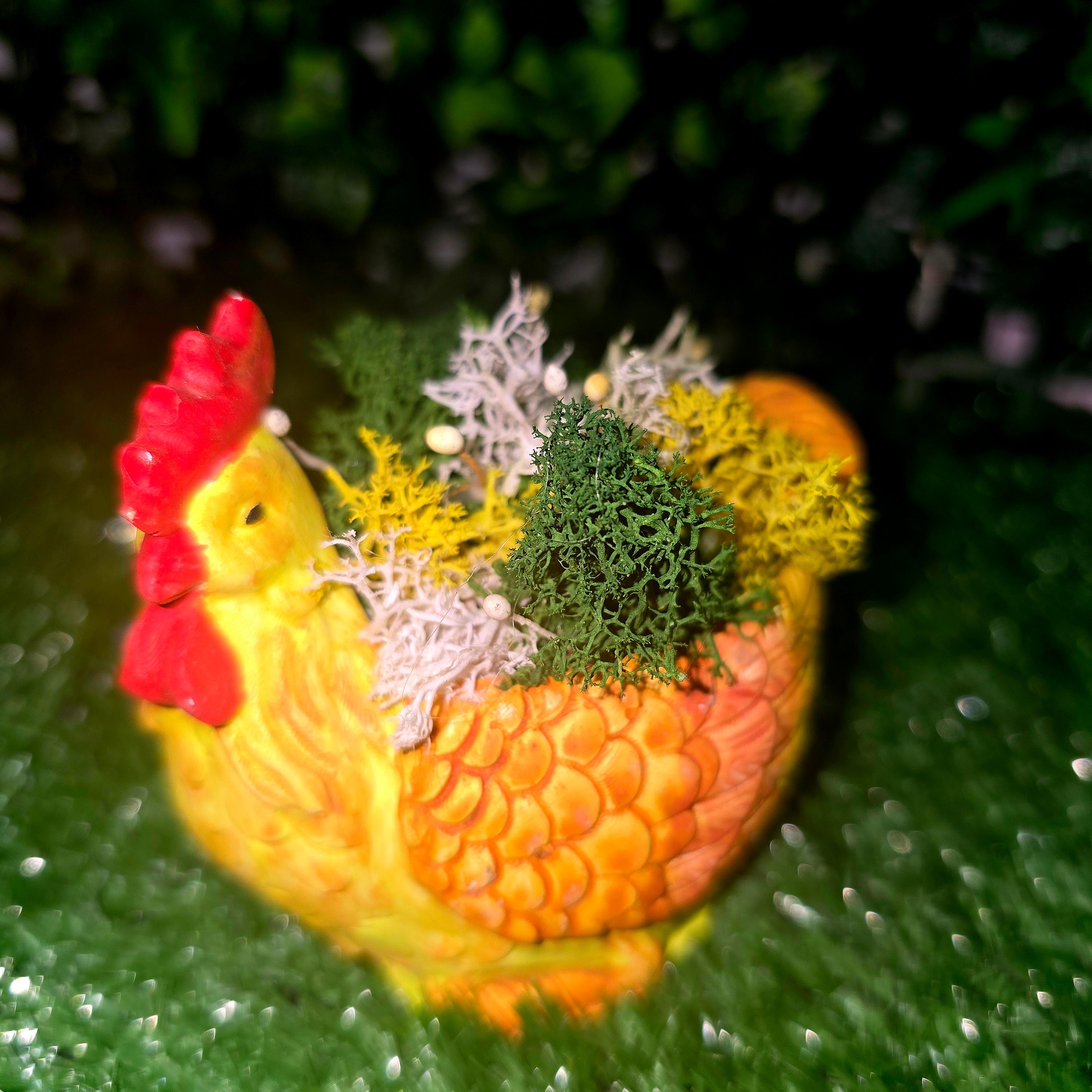 Handmade Concrete Rooster Planter with Natural Scandinavian Moss