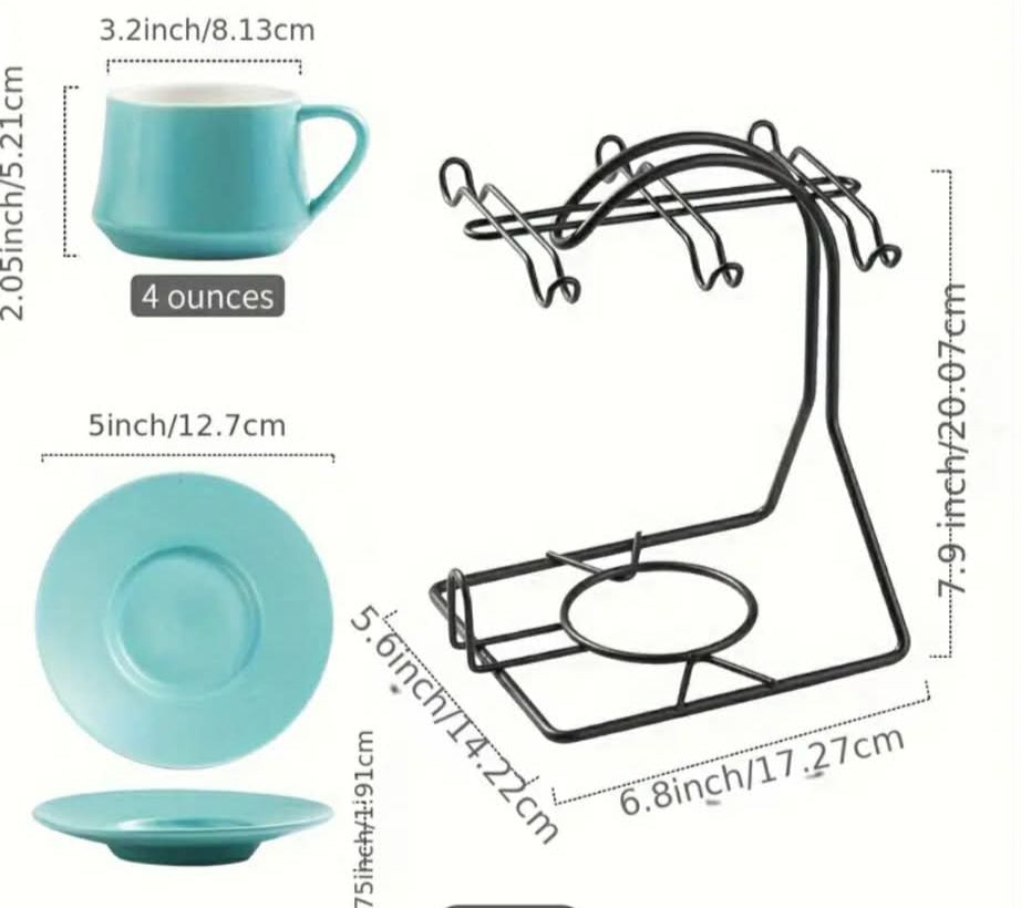 Turquoise Porcelain Espresso Cup Set with Saucers & Metal Stand – Set of 6 (4oz)