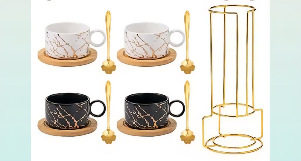 Ceramic Coffee Cup Set with Saucer, Spoon & Gold Stand – Black & White (Set of 4)