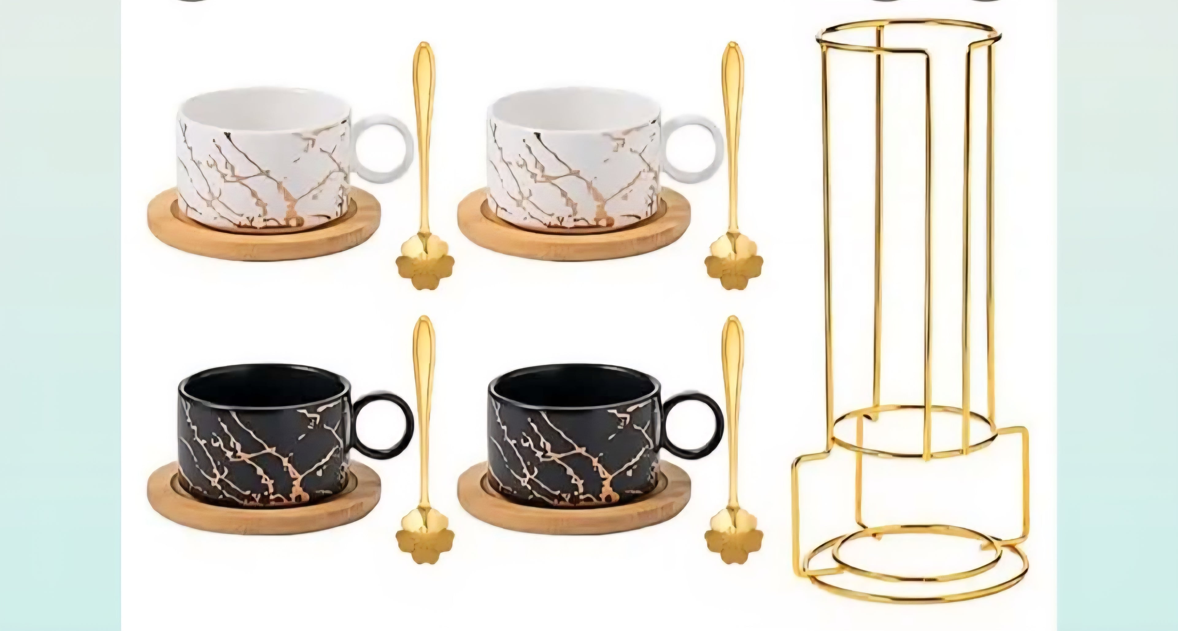 Ceramic Coffee Cup Set with Saucer, Spoon & Gold Stand – Black & White (Set of 4)