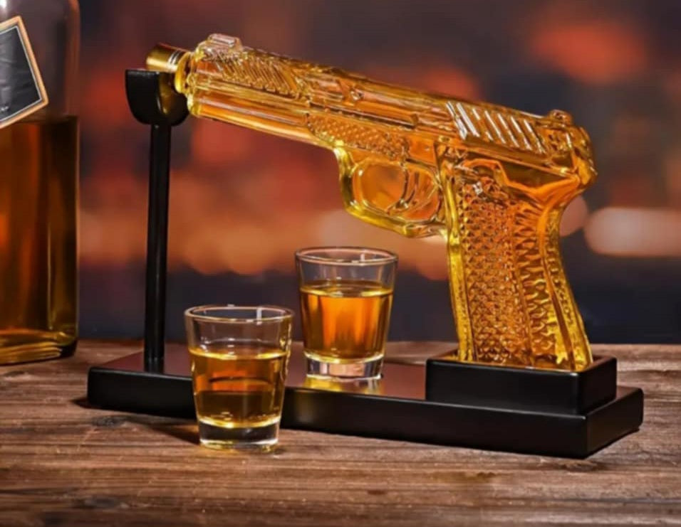 Gun-Shaped Glass Decanter Set with Stand & Shot Glasses