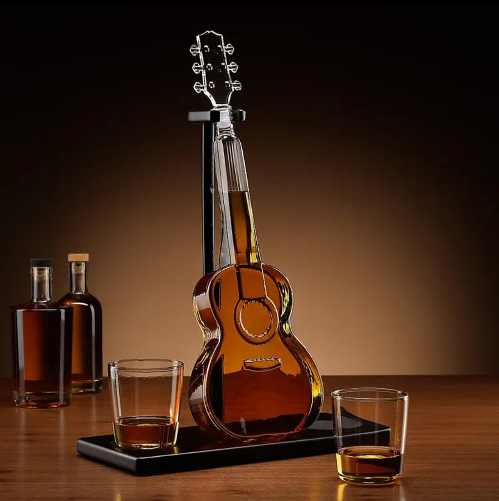 Glass Guitar Decanter Set with 2 Tumblers & Display Stand