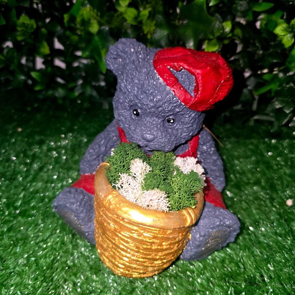 Handmade Cement Teddy Bear Planter – Moss or Artificial Flowers Variant