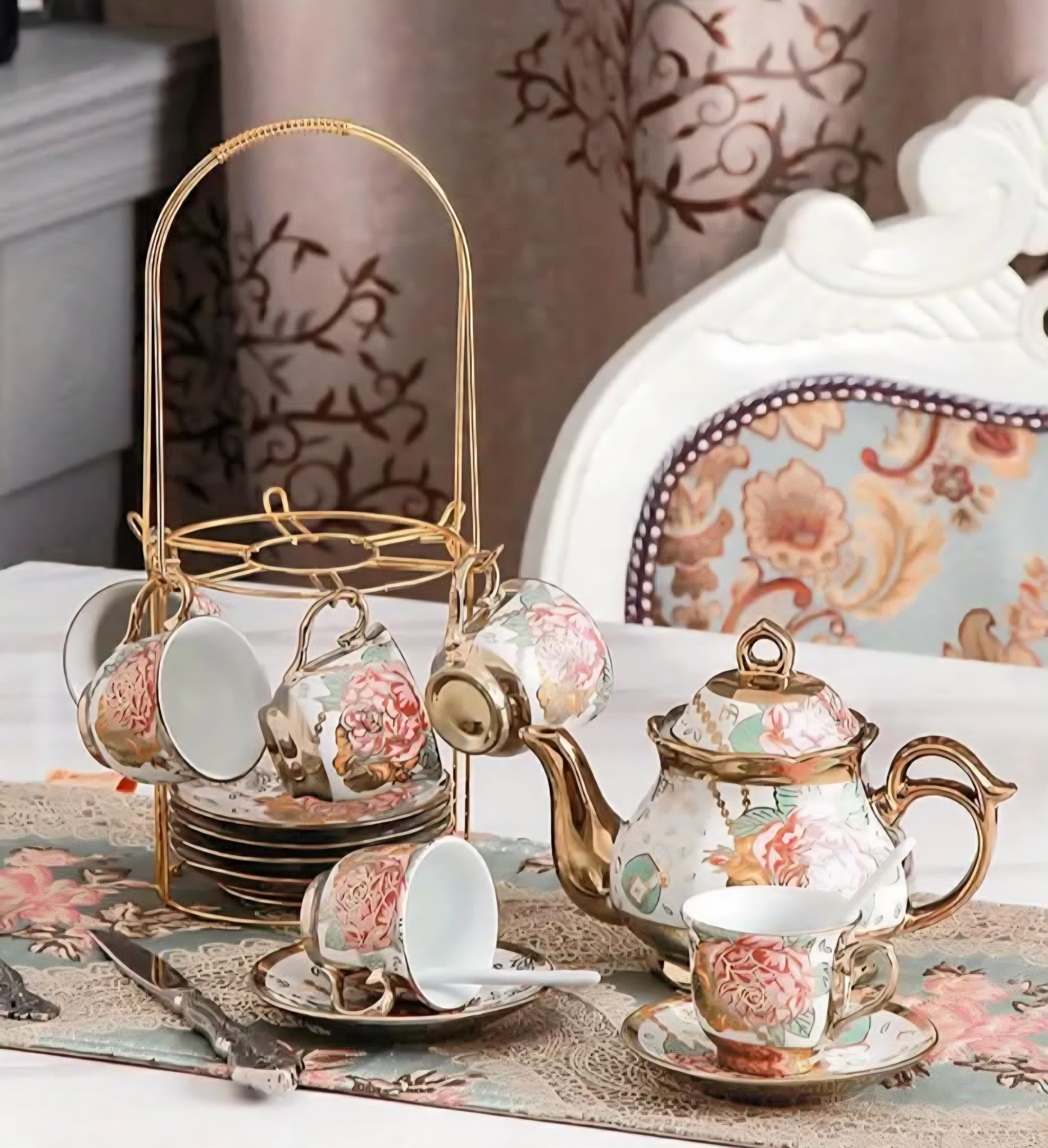Luxury European Ceramic Coffee & Tea Set – Vintage Floral Cups & Teapot